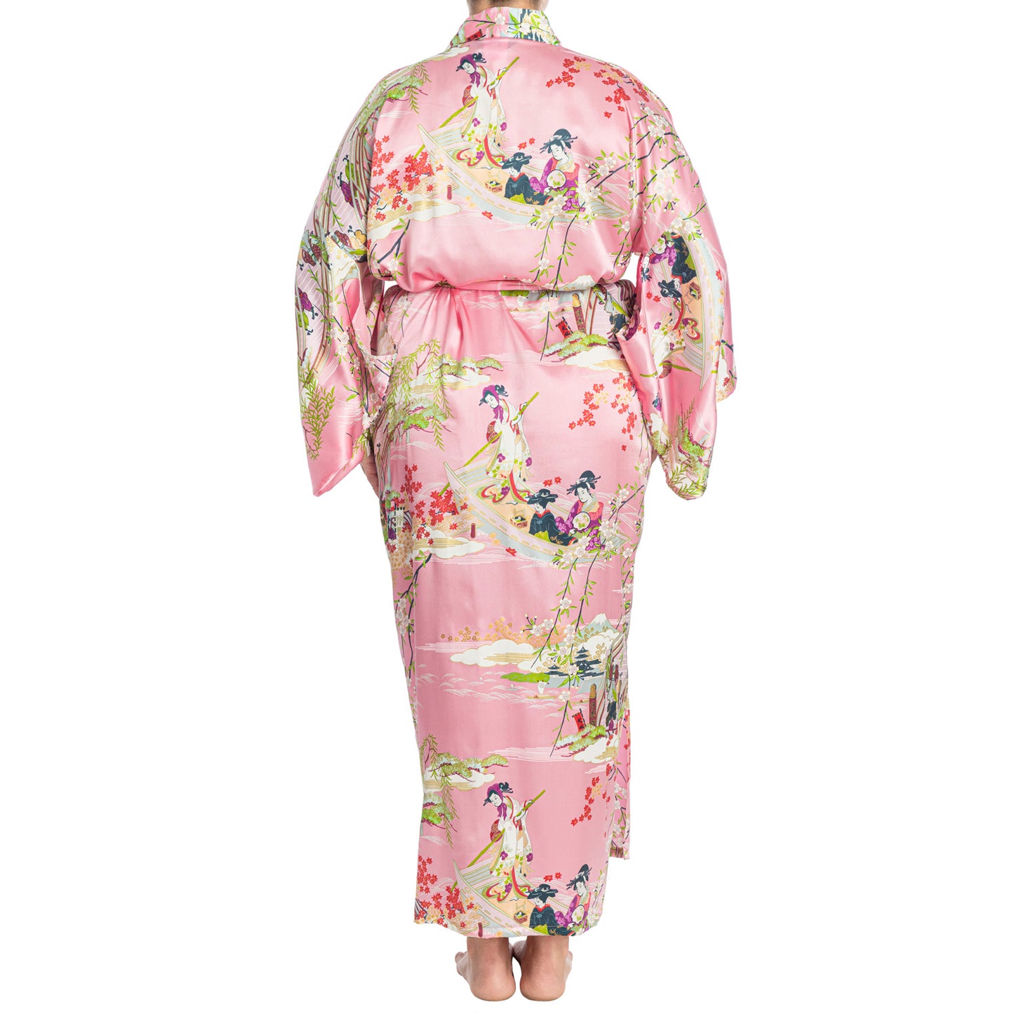 Silk Ukiyoe Print Long Pink Japanese Kimono XL