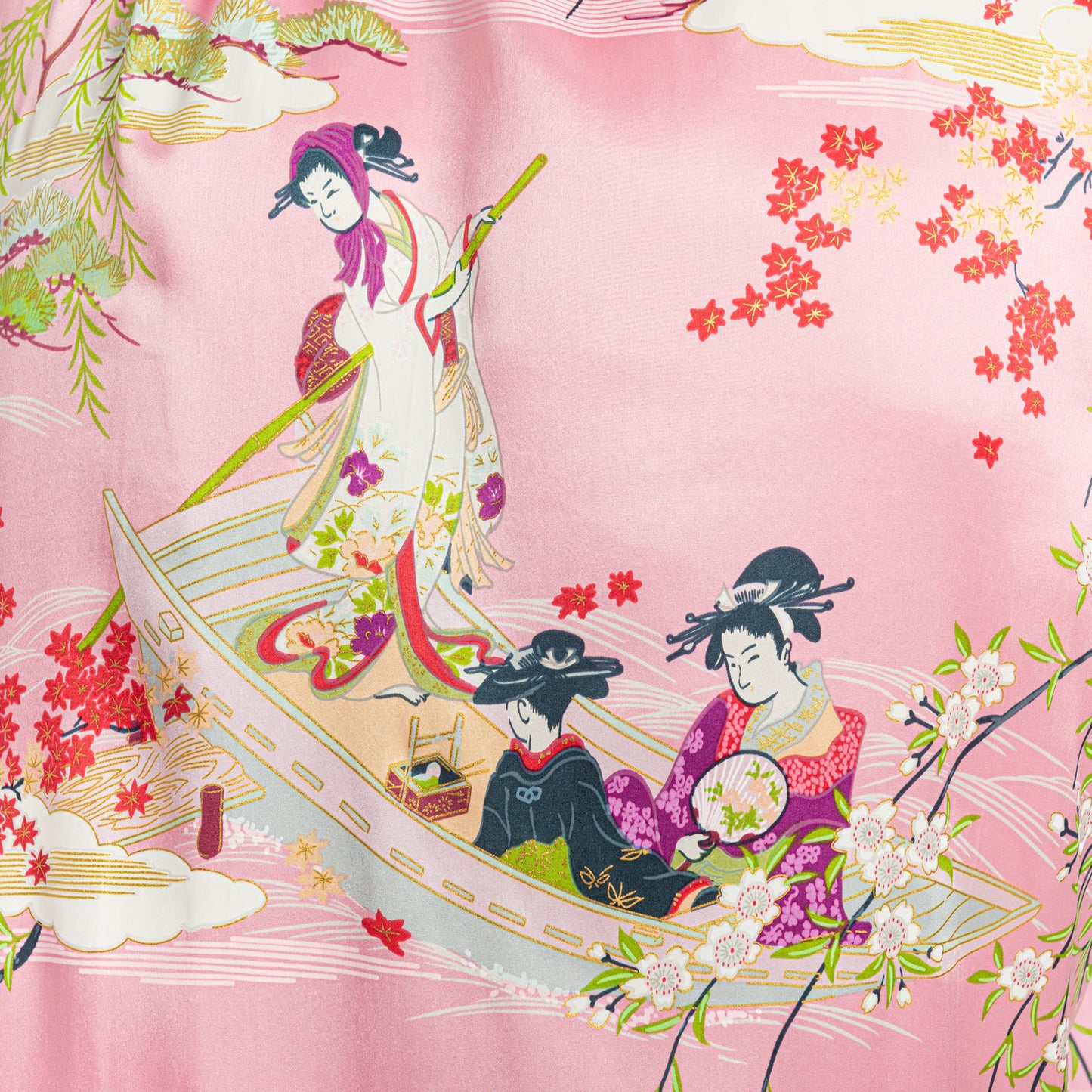 Silk Ukiyoe Print Long Pink Japanese Kimono XL