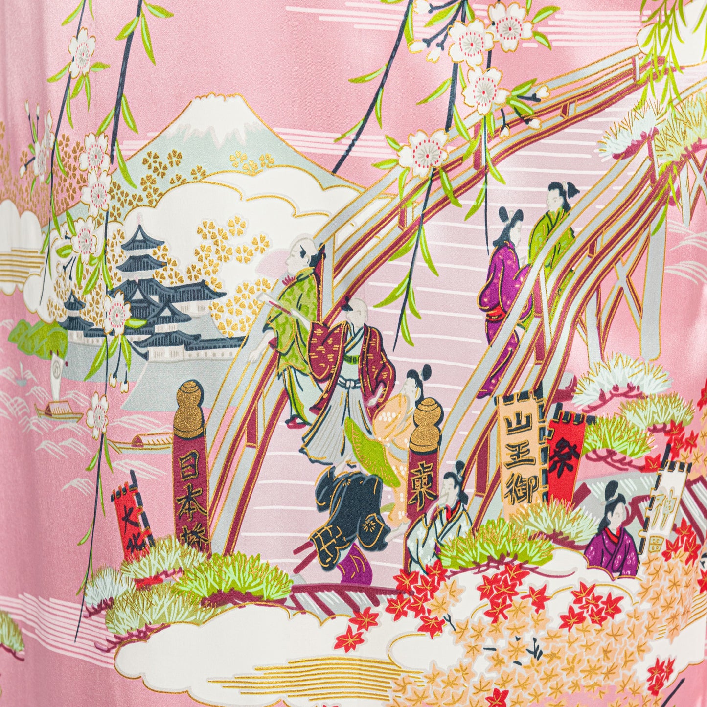 Silk Ukiyoe Print Long Pink Japanese Kimono XL