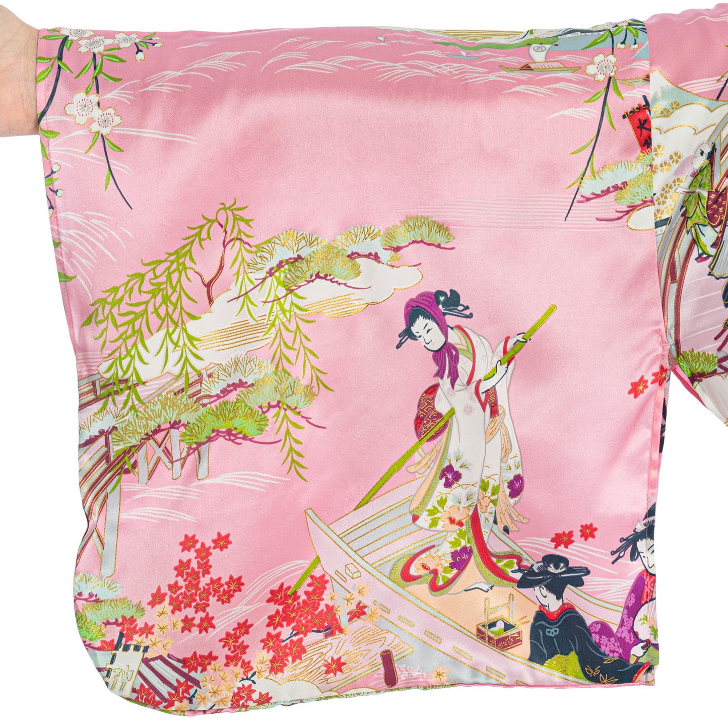 Silk Ukiyoe Print Long Pink Japanese Kimono XL