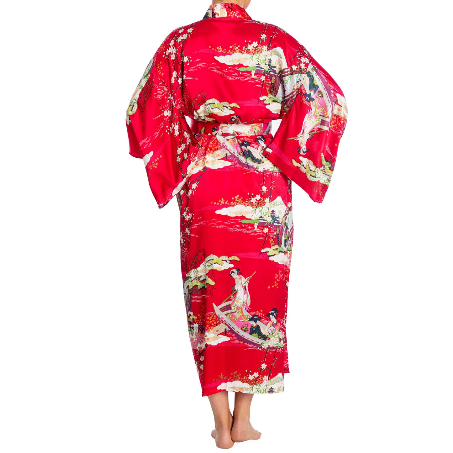 Silk Ukiyoe Print Long Red Japanese Kimono