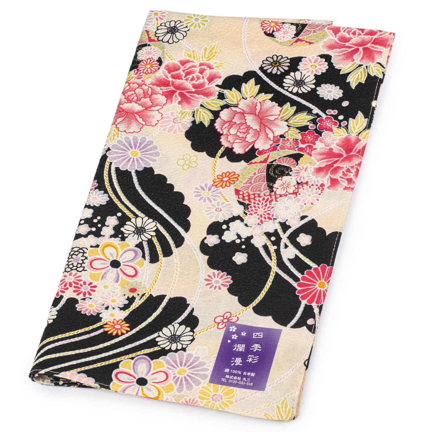 Beige and Black Floral Japanese Handkerchief