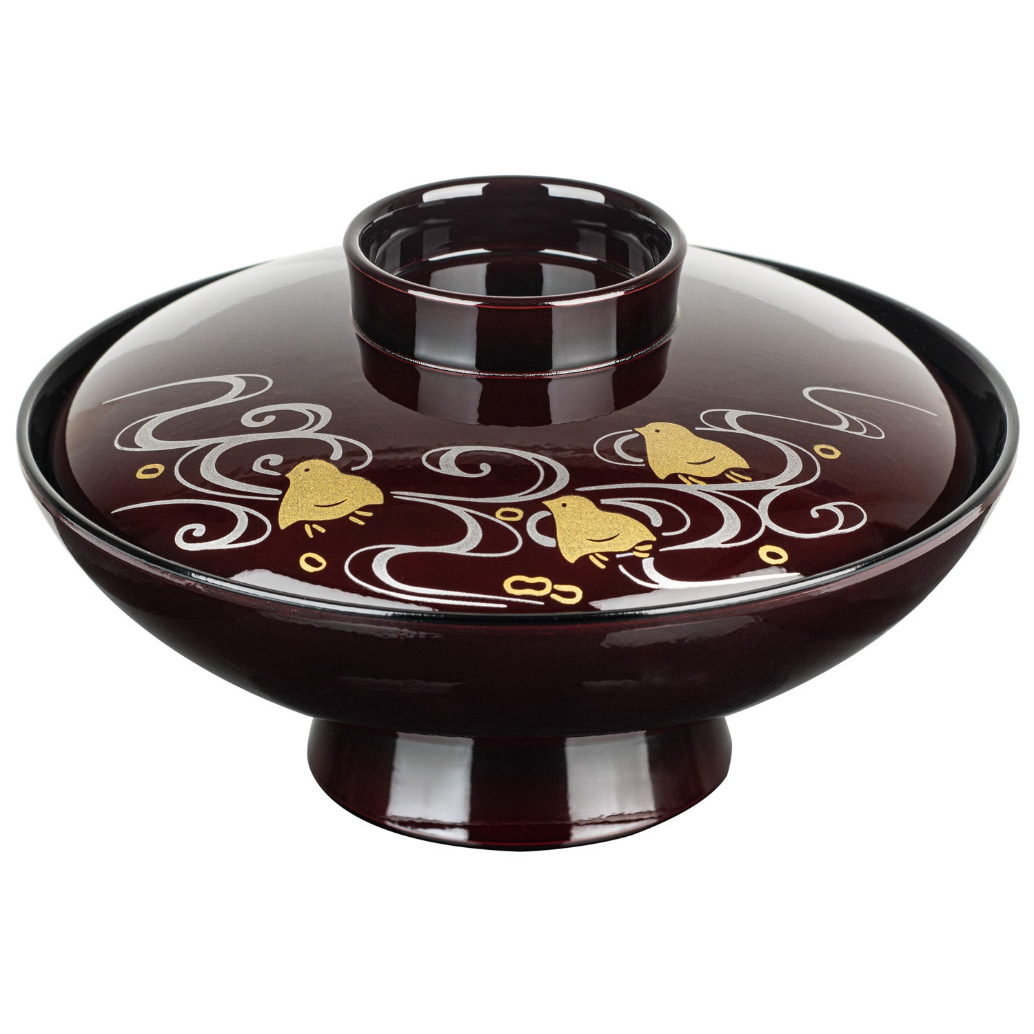 Birds Flying Over Waves Japanese Lacquer Bowl and Lid