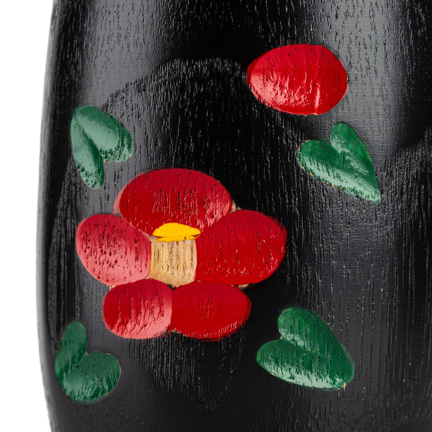 Black Camellia Japanese Kokeshi Doll detail