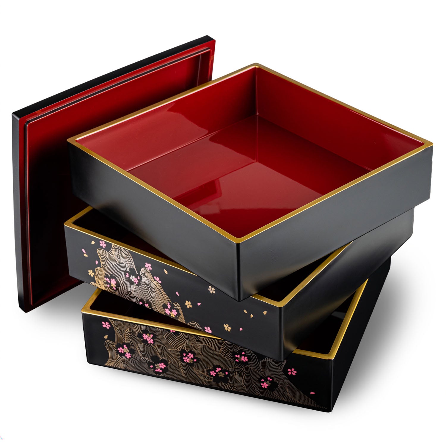 Black Cherry Blossom 3 Tier Japanese Obento Box open