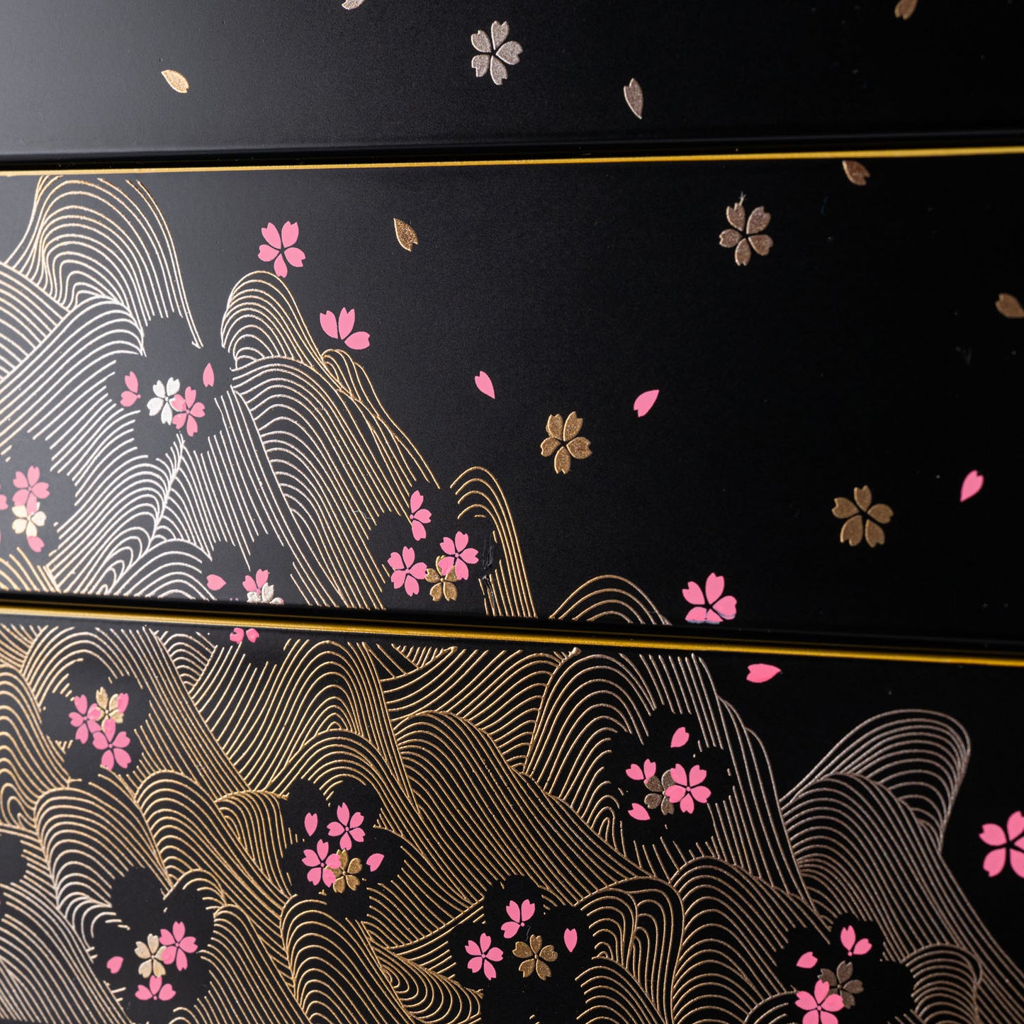 Black Cherry Blossom 3 Tier Japanese Obento Box detail