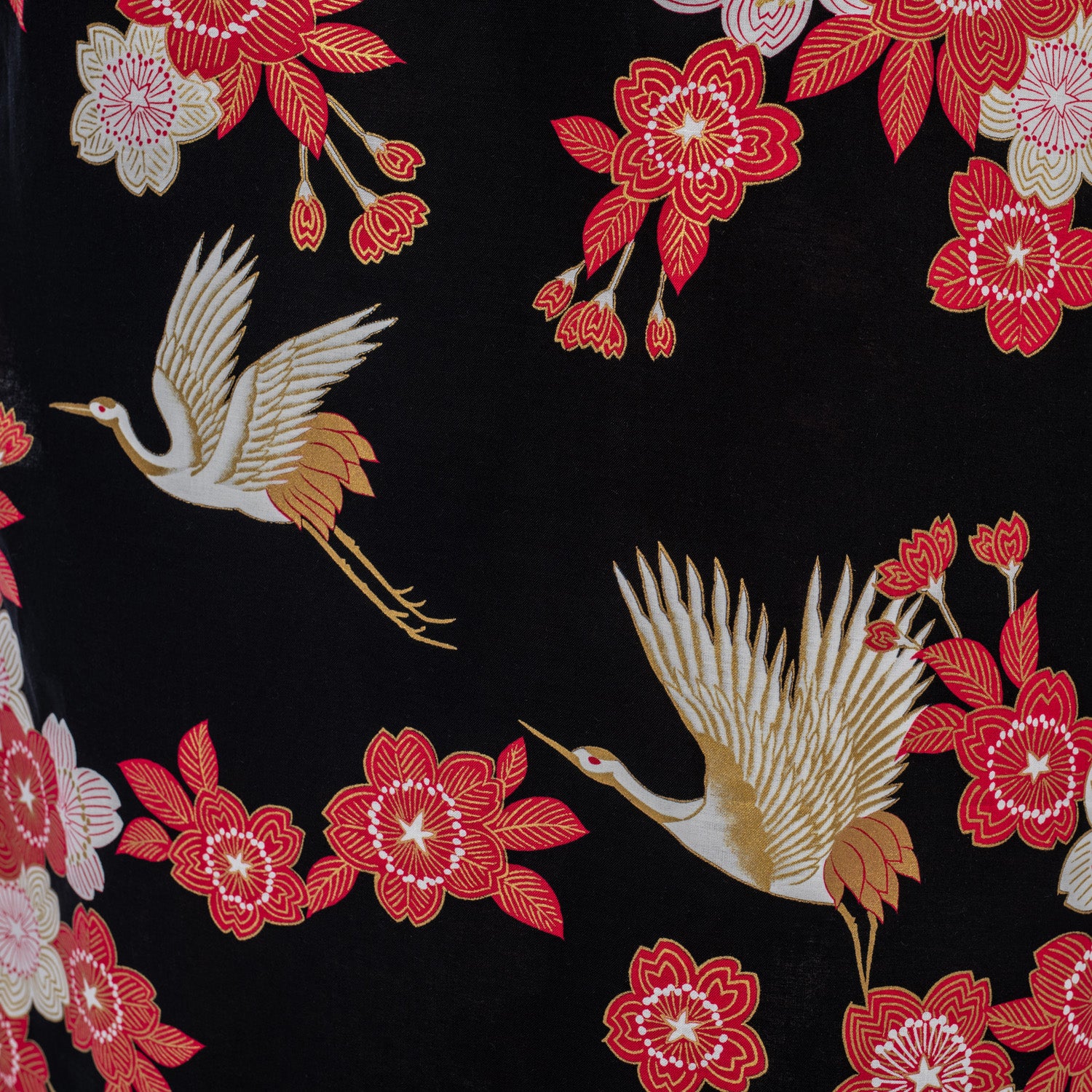 Black Cherry Blossom and Crane Japanese Kimono detail