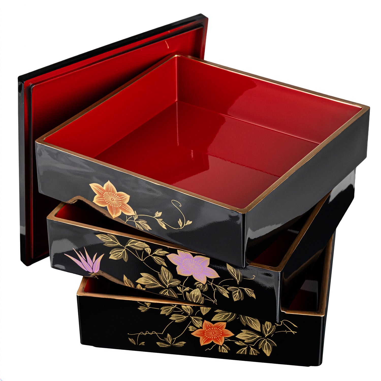 Black Clematis 3 Tier Japanese Obento Box open
