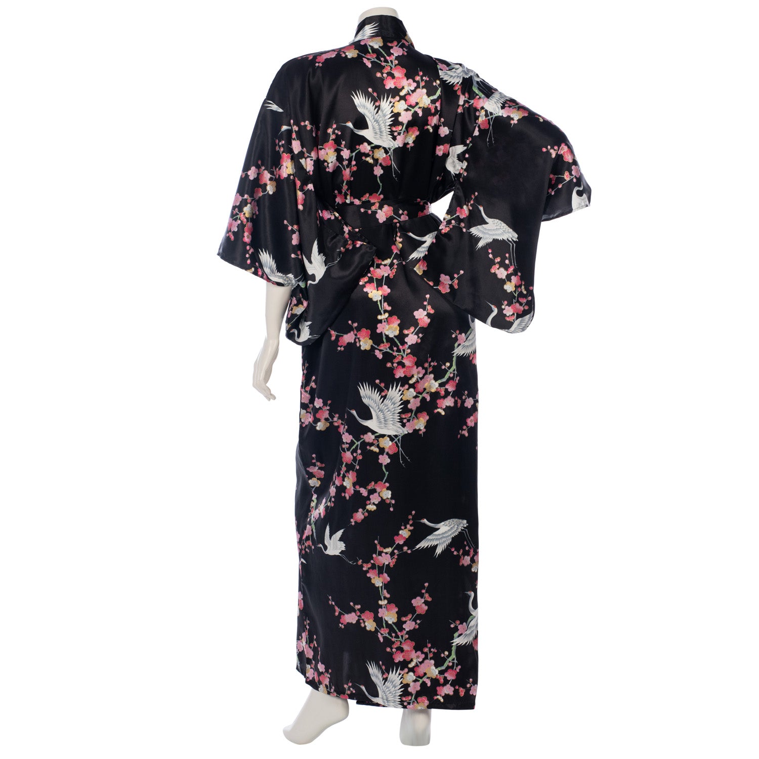 Black Crane and Pink Blossom Long Silk Kimono back