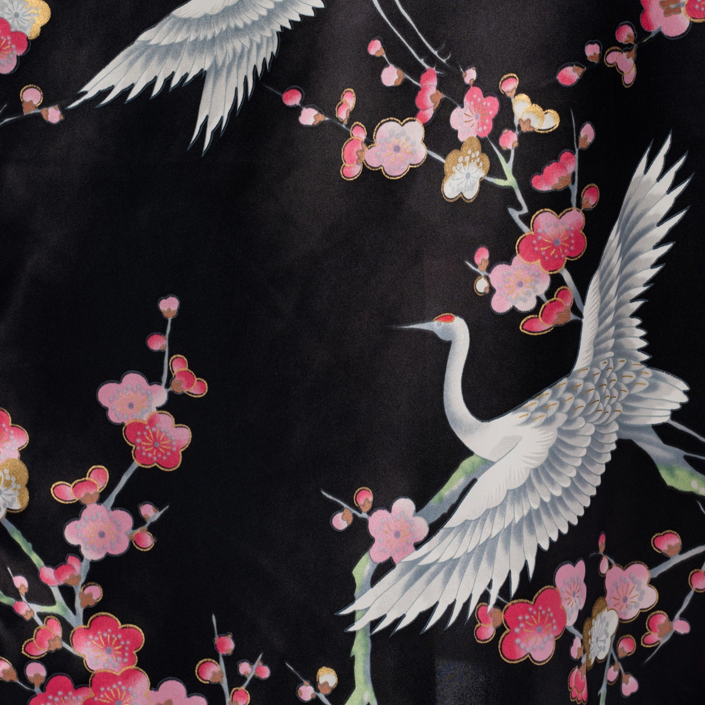 Black Crane and Pink Blossom Long Silk Kimono detail