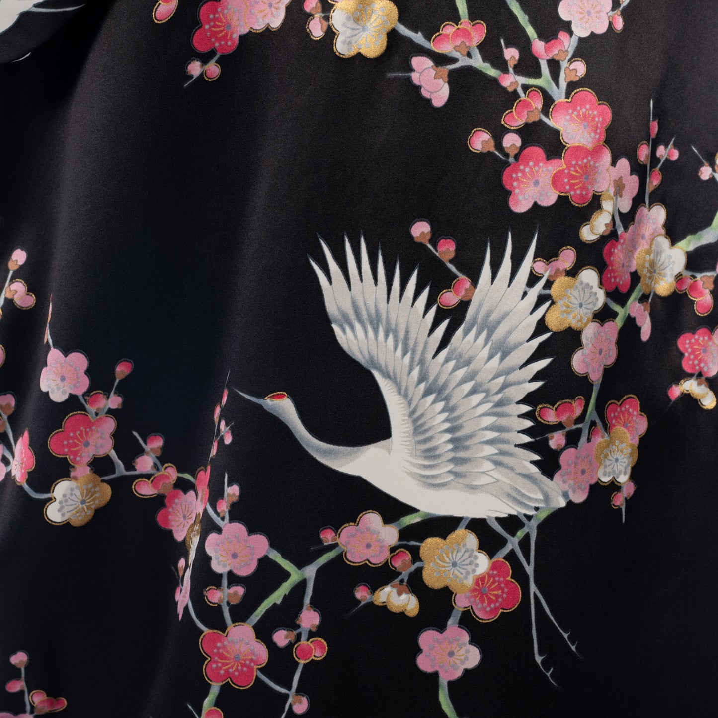 Black Crane and Pink Blossom Long Silk Kimono close up