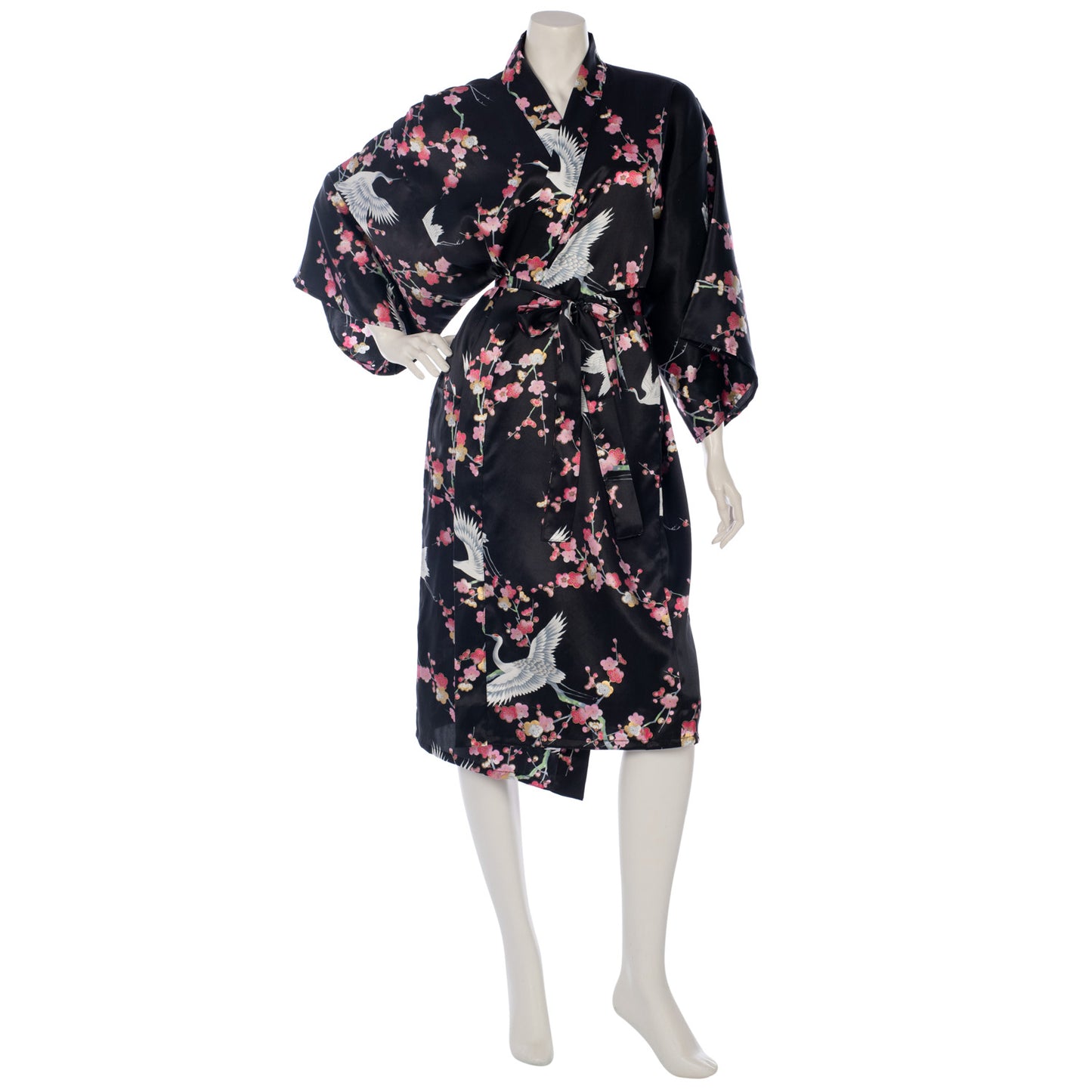 Black Crane and Pink Blossom Short Silk Kimono