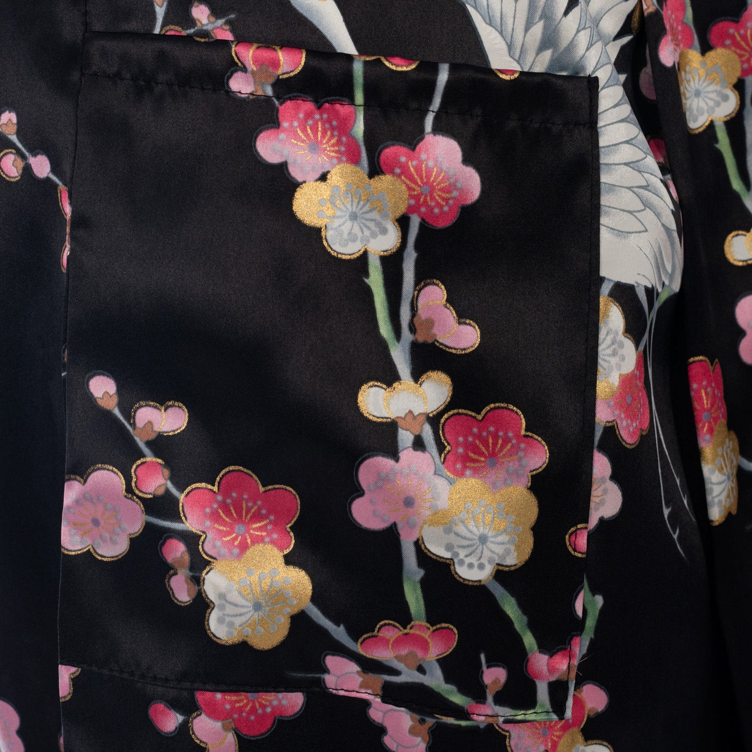 Black Crane and Pink Blossom Short Silk Kimono pocket