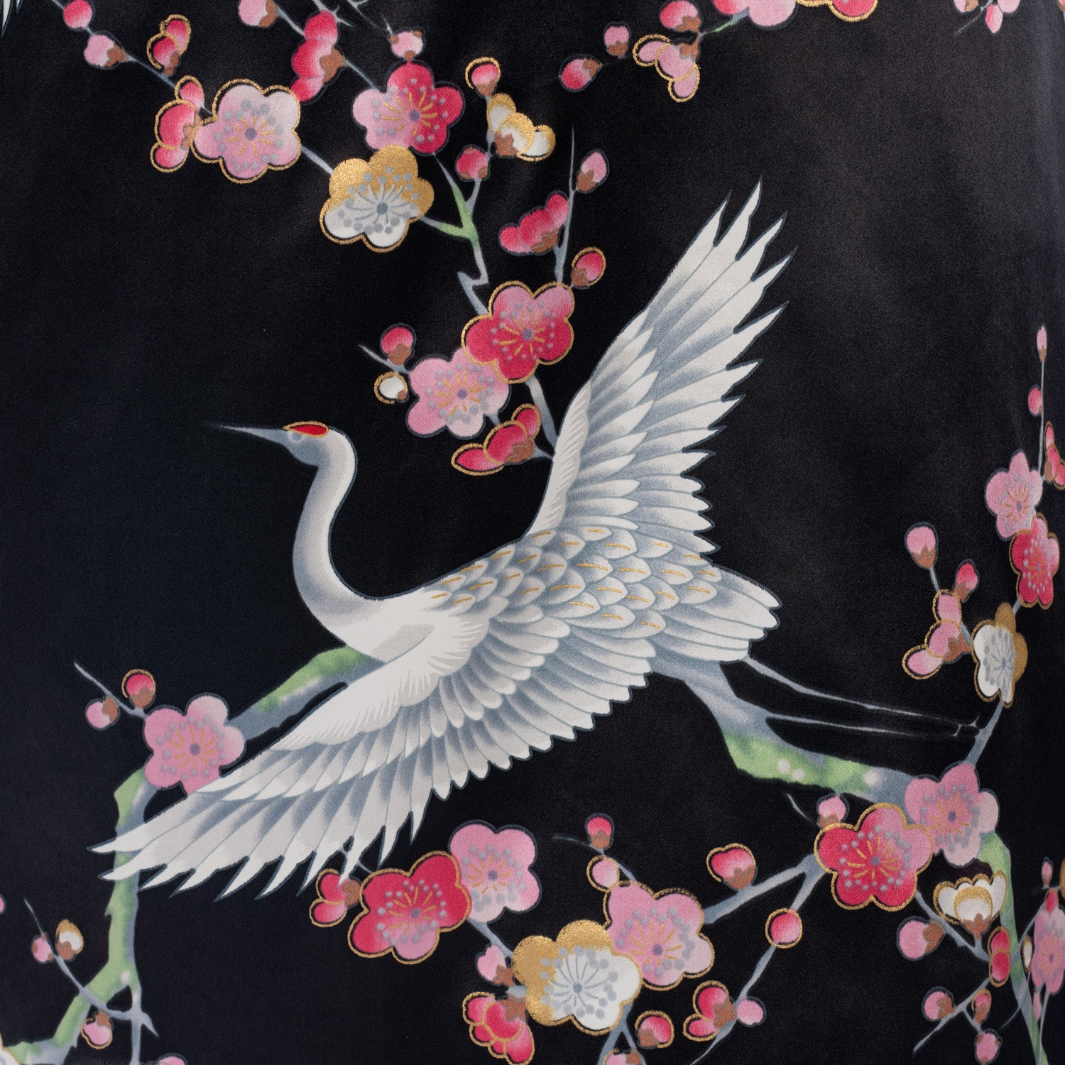 Black Crane and Pink Blossom Short Silk Kimono detail