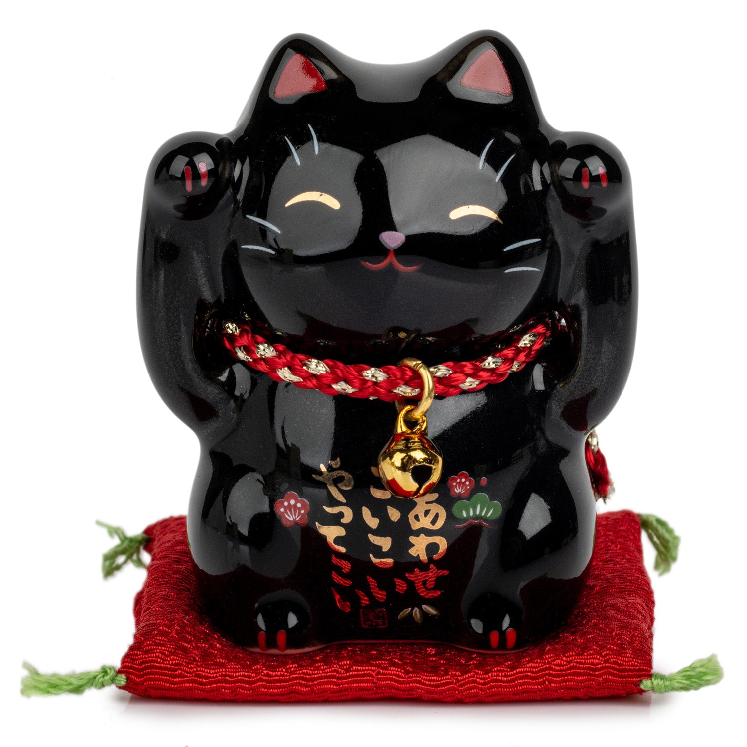 Black Good Health Japanese Lucky Cat and Red Cushion