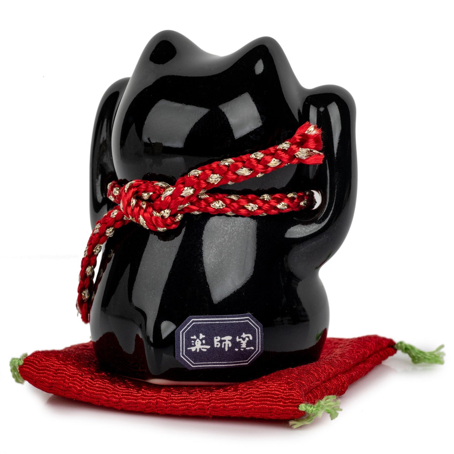 Black Good Health Japanese Lucky Cat and Red Cushion back