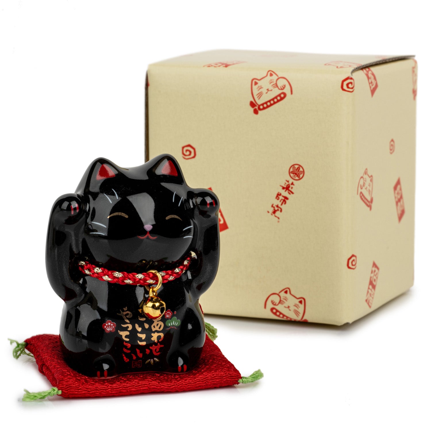 Black Good Health Japanese Lucky Cat and Red Cushion and gift box