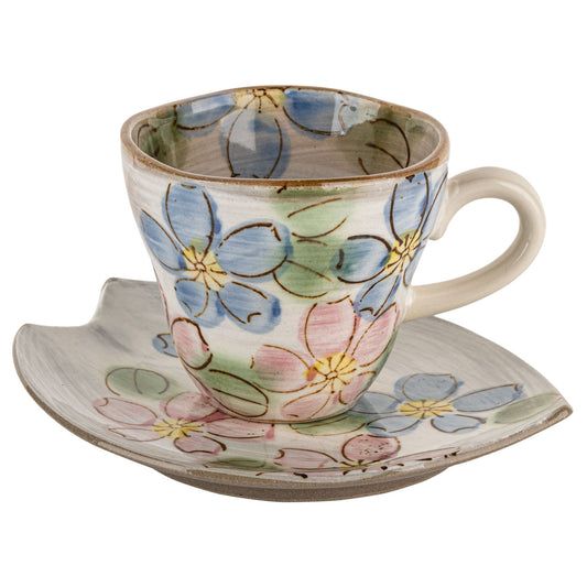 Blue and Pink Sakura Japanese Cup and Saucer