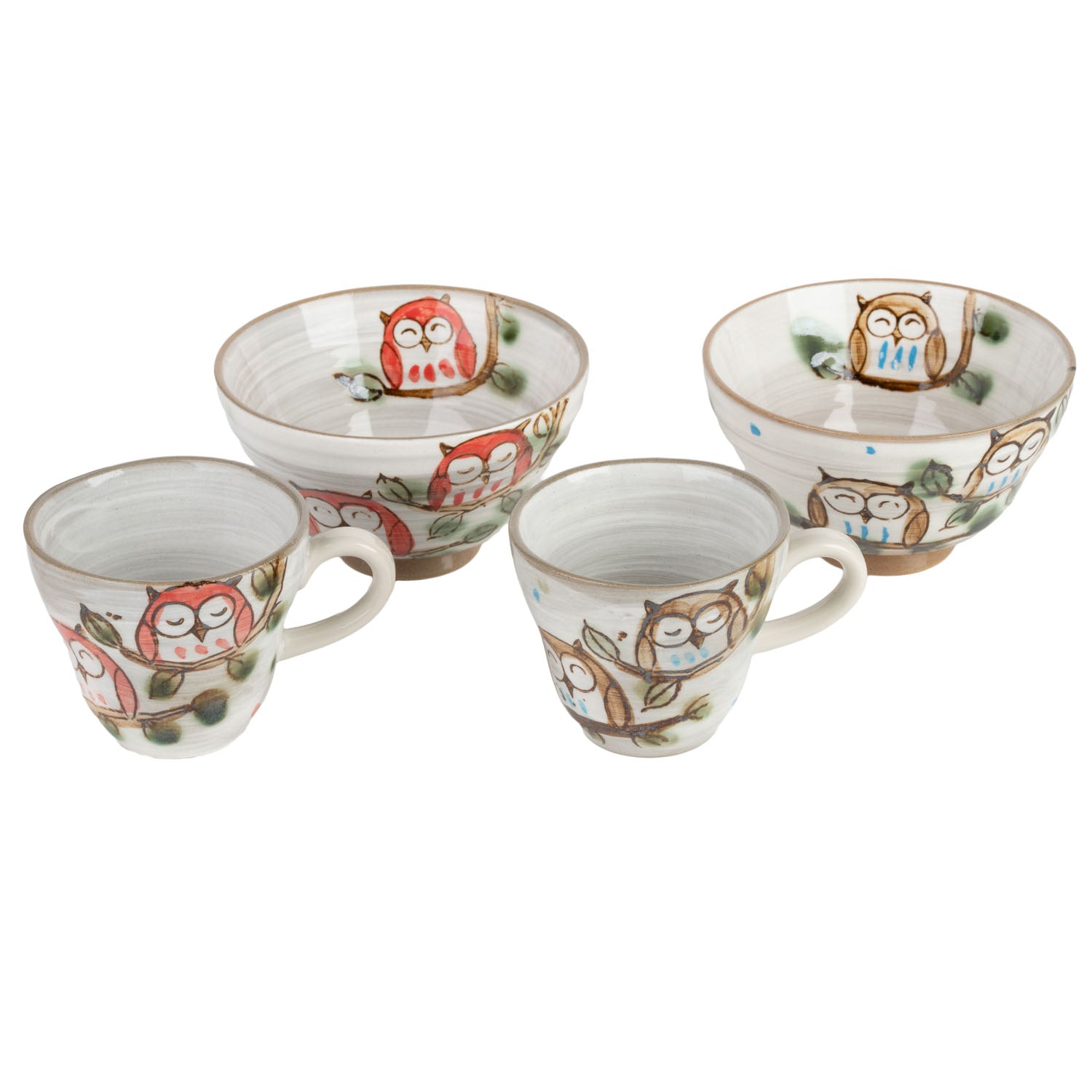 Blue and Red Owl Japanese Rice Bowl and Cup Set