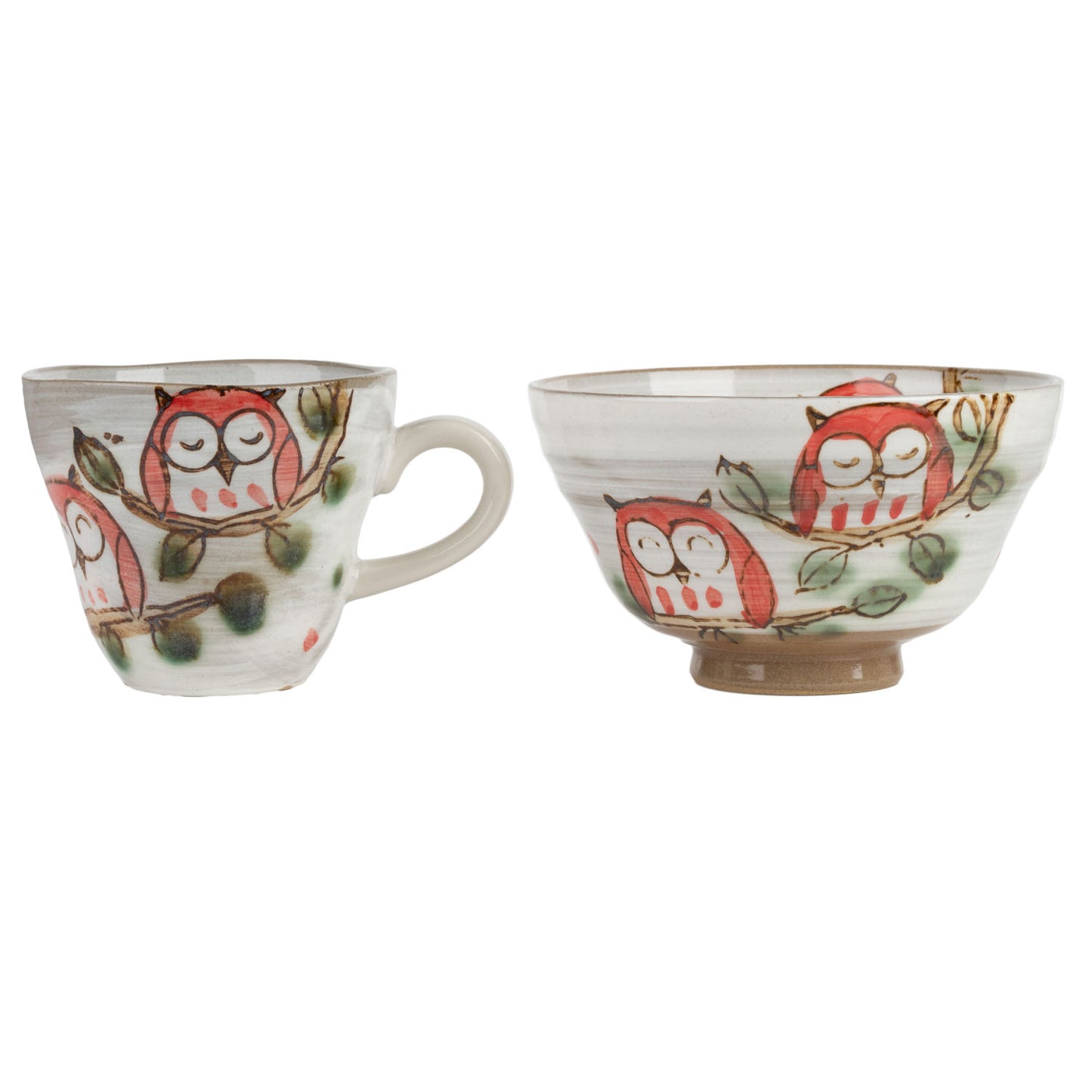 Blue and Red Owl Japanese Rice Bowl and Cup Set red side