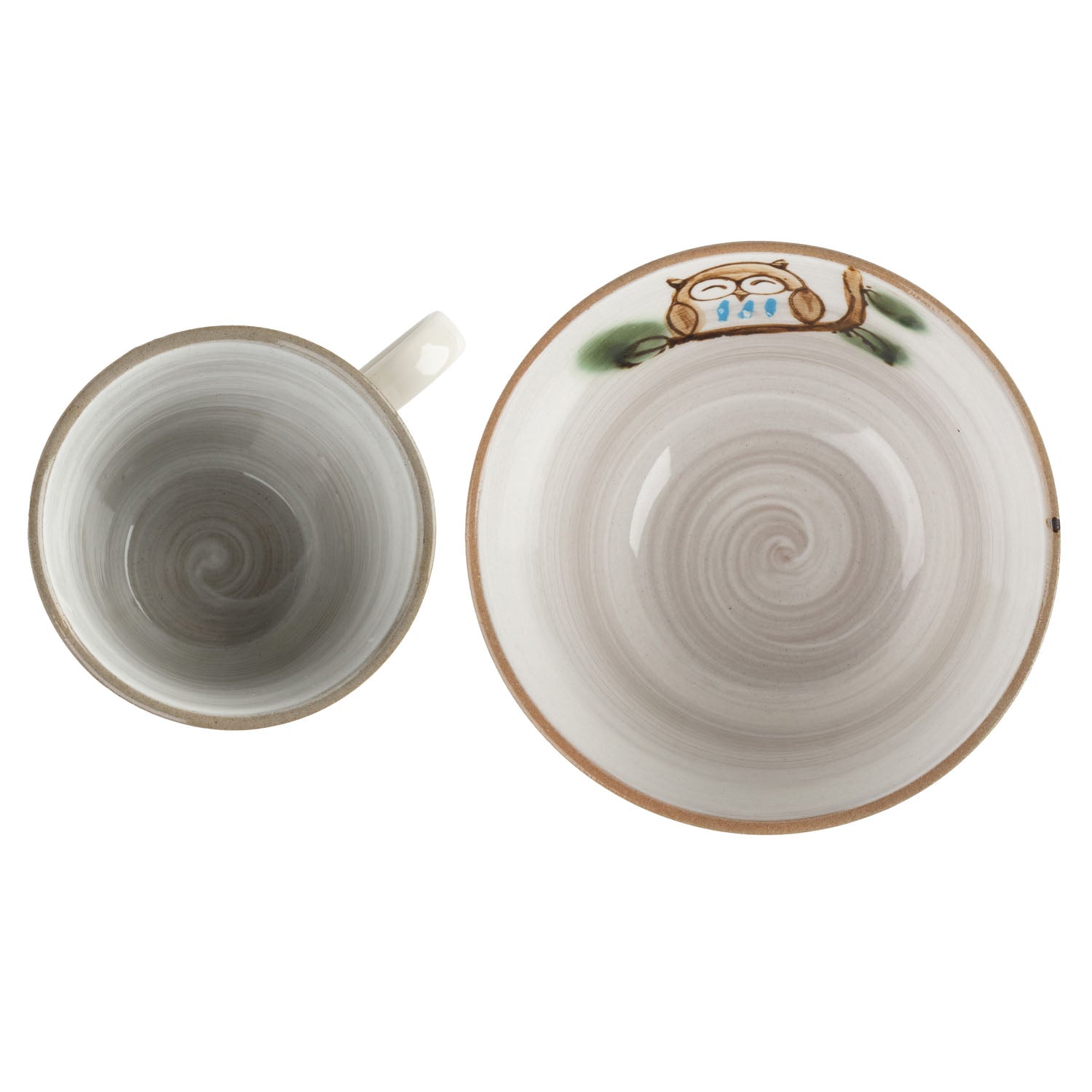 Blue and Red Owl Japanese Rice Bowl and Cup Set blue top