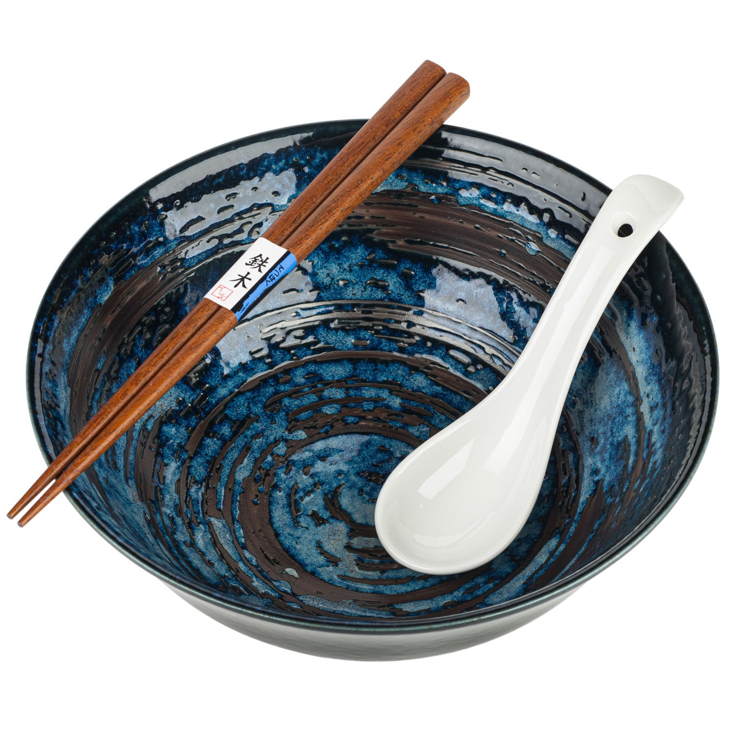 Blue Hake Japanese Ramen Bowl Set bowl, soup spoon and chopsticks