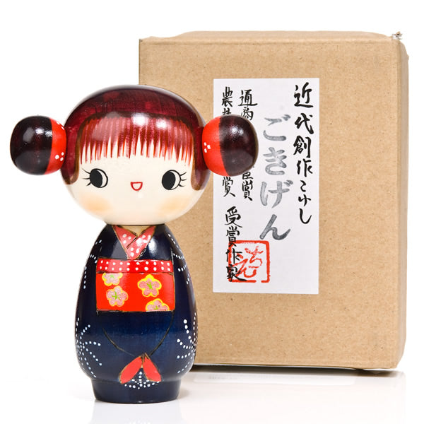 Blue Happy Girl Kawaii Kokeshi Doll