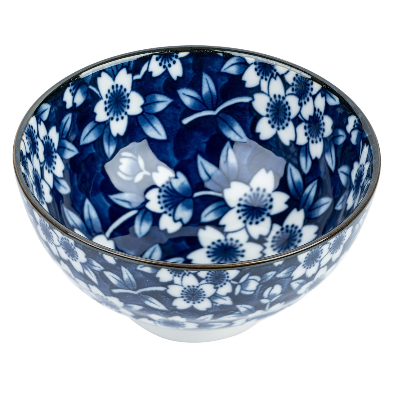 Blue Sakura Ceramic Japanese Rice Bowl close up