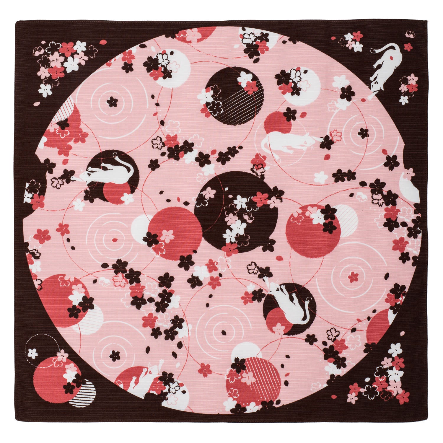 Brown and Pink Cat Japanese Handkerchief
