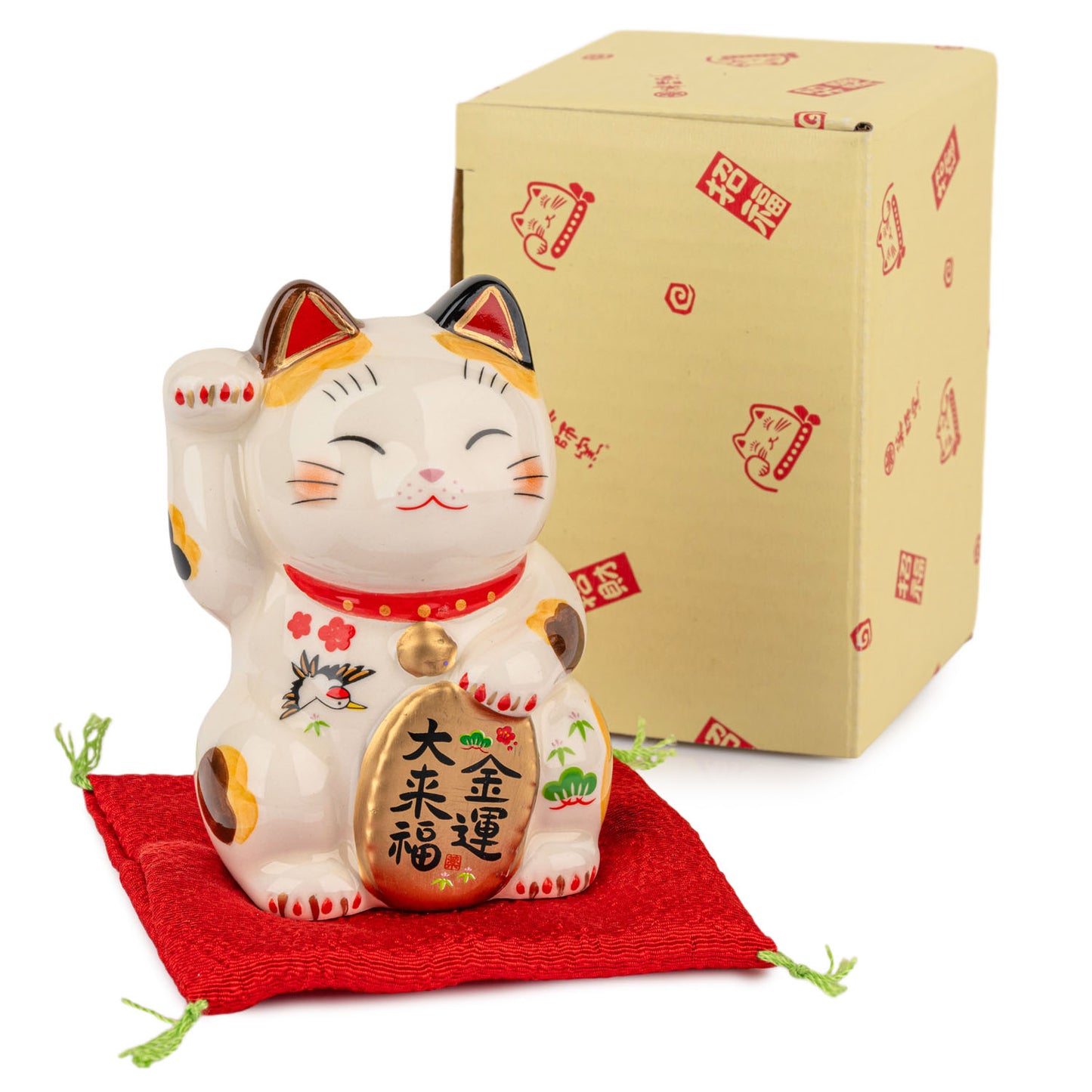Calico Good Fortune Japanese Lucky Cat on red cushion and gift box