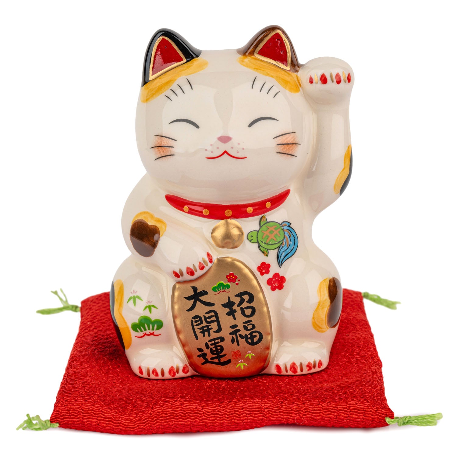 Calico Good Luck Japanese Lucky Cat and red cushion
