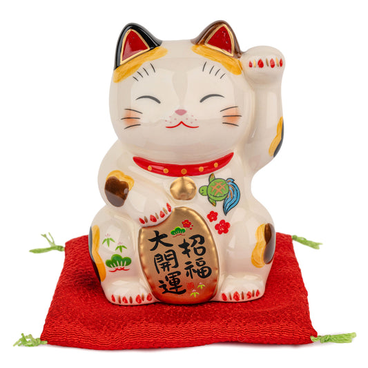 Calico Good Luck Japanese Lucky Cat and red cushion