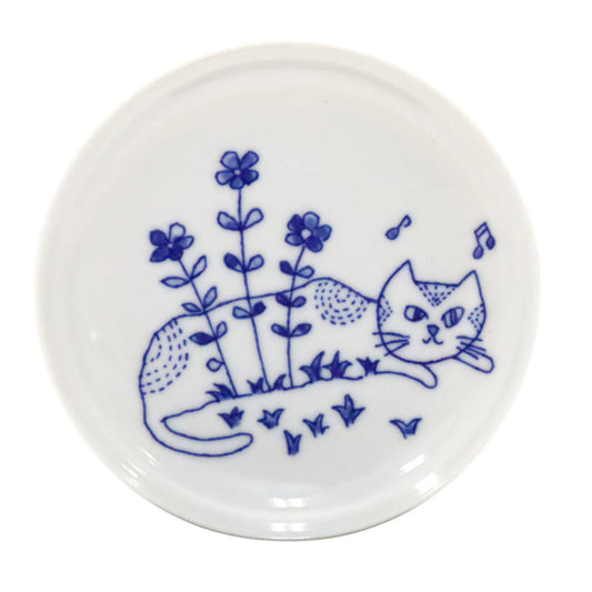 Cat and Flowers Small Japanese Plate