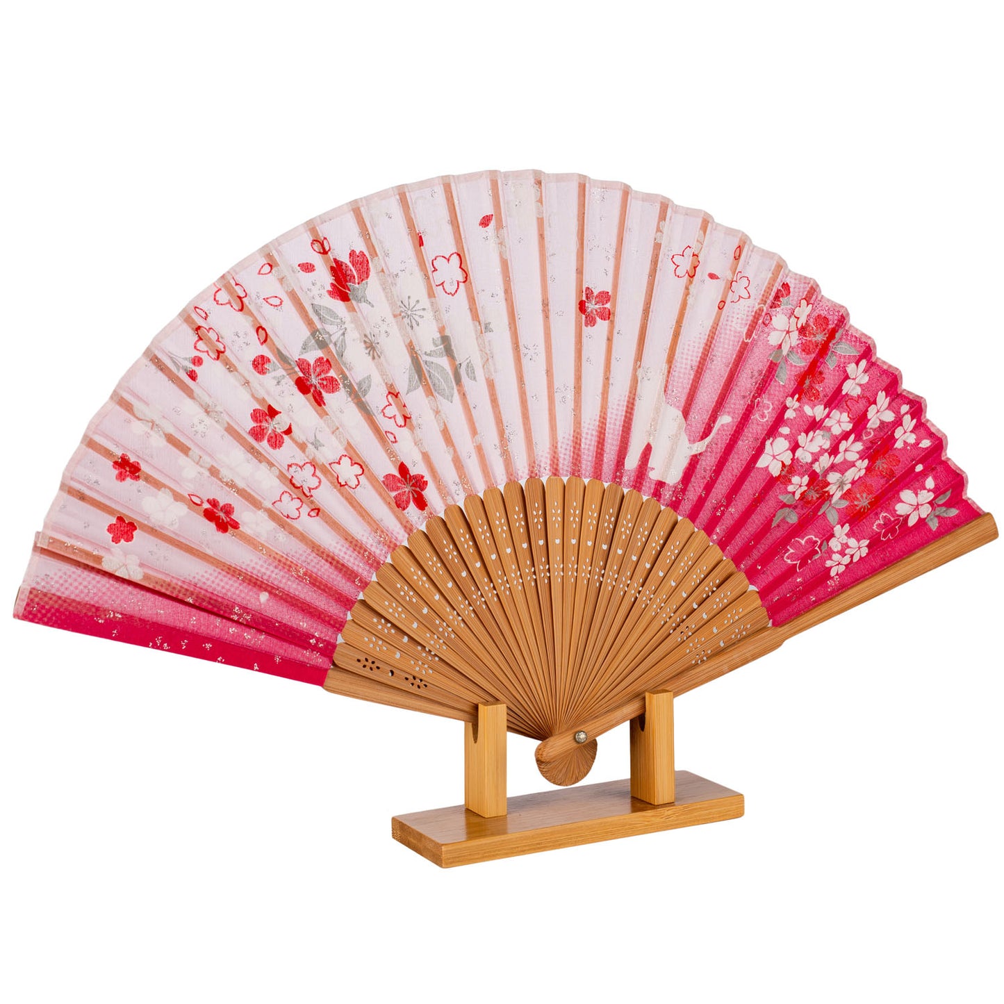 Cat and Pink Cherry Blossom Japanese Folding Fan and stand