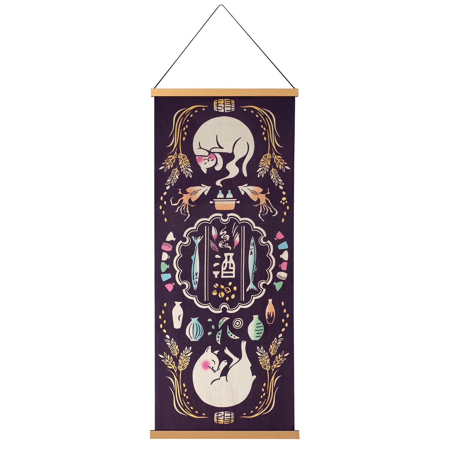 Cats and Sake Japanese Cotton Tenugui wall hanging