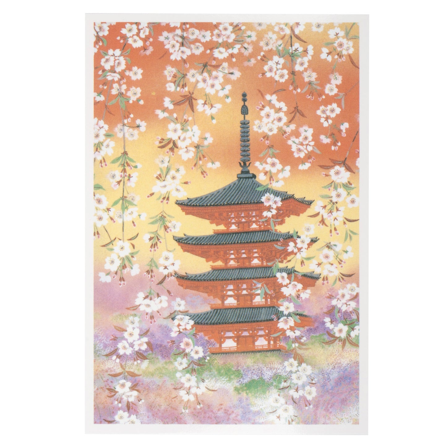 Cherry Blossom and Pagoda Japanese Postcard