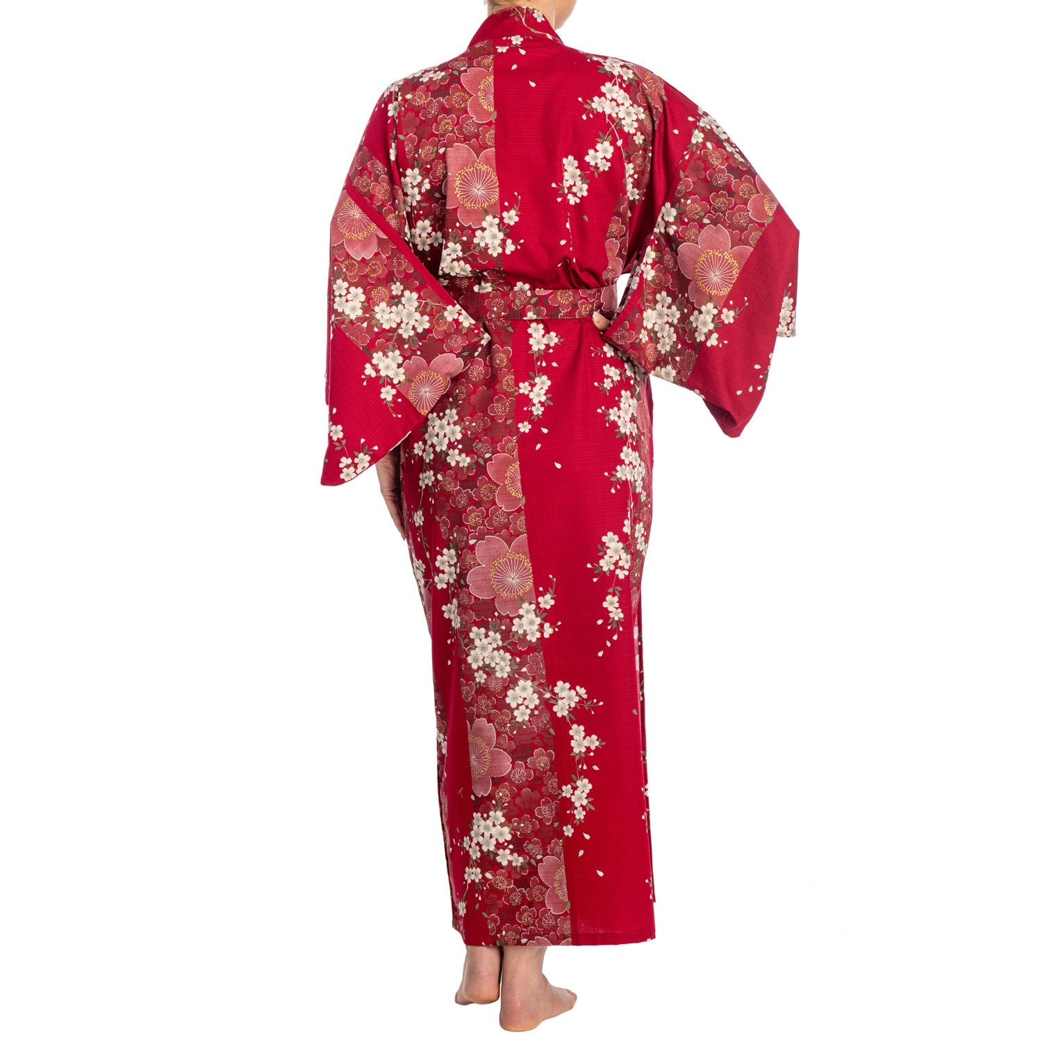 Cherry Blossom Print Long Red Yukata