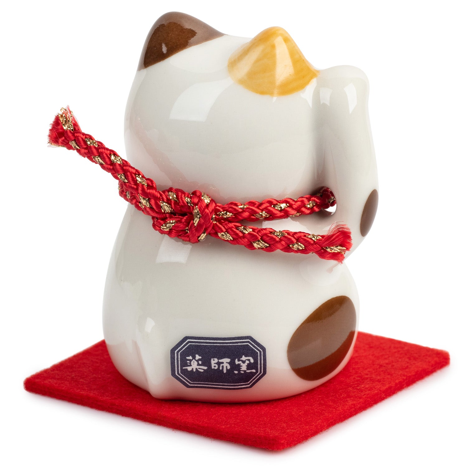 Cute Calico Japanese Lucky Cat and Red Cushion back