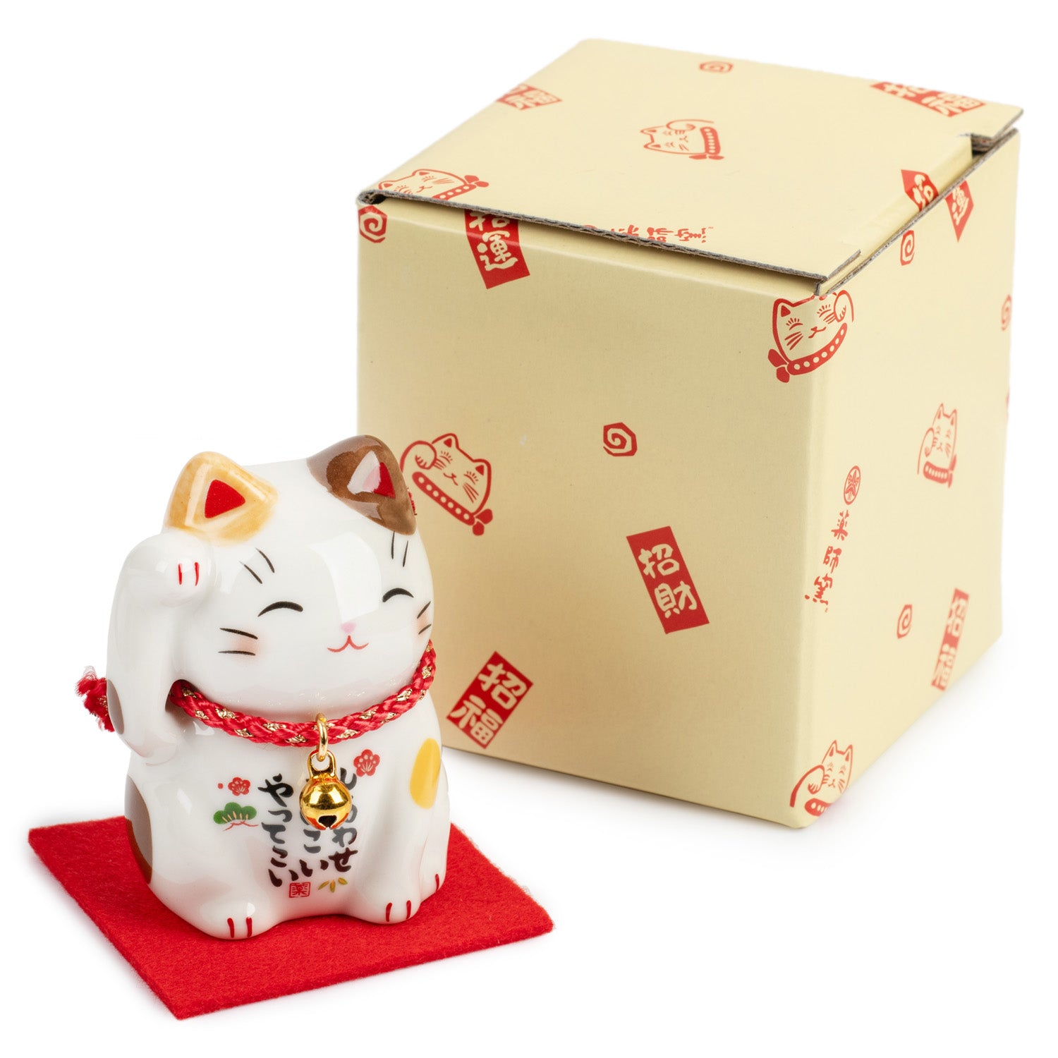 Cute Calico Japanese Lucky Cat and Red Cushion and gift box