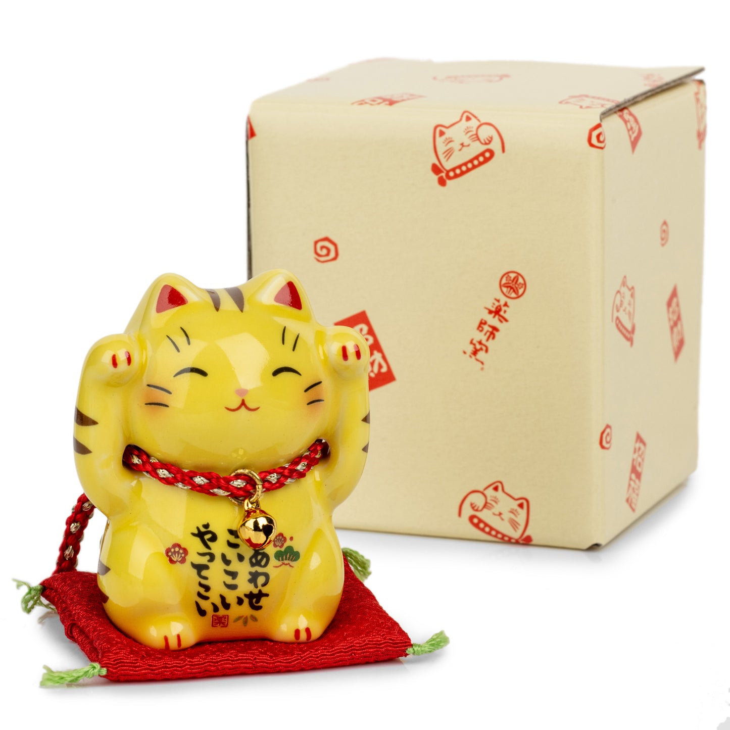 Good Fortune Japanese Lucky Cat and Red Cushion and gift box