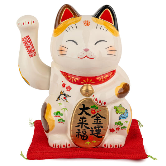 Good Fortune Moving Paw Japanese Lucky Cat and red cushion
