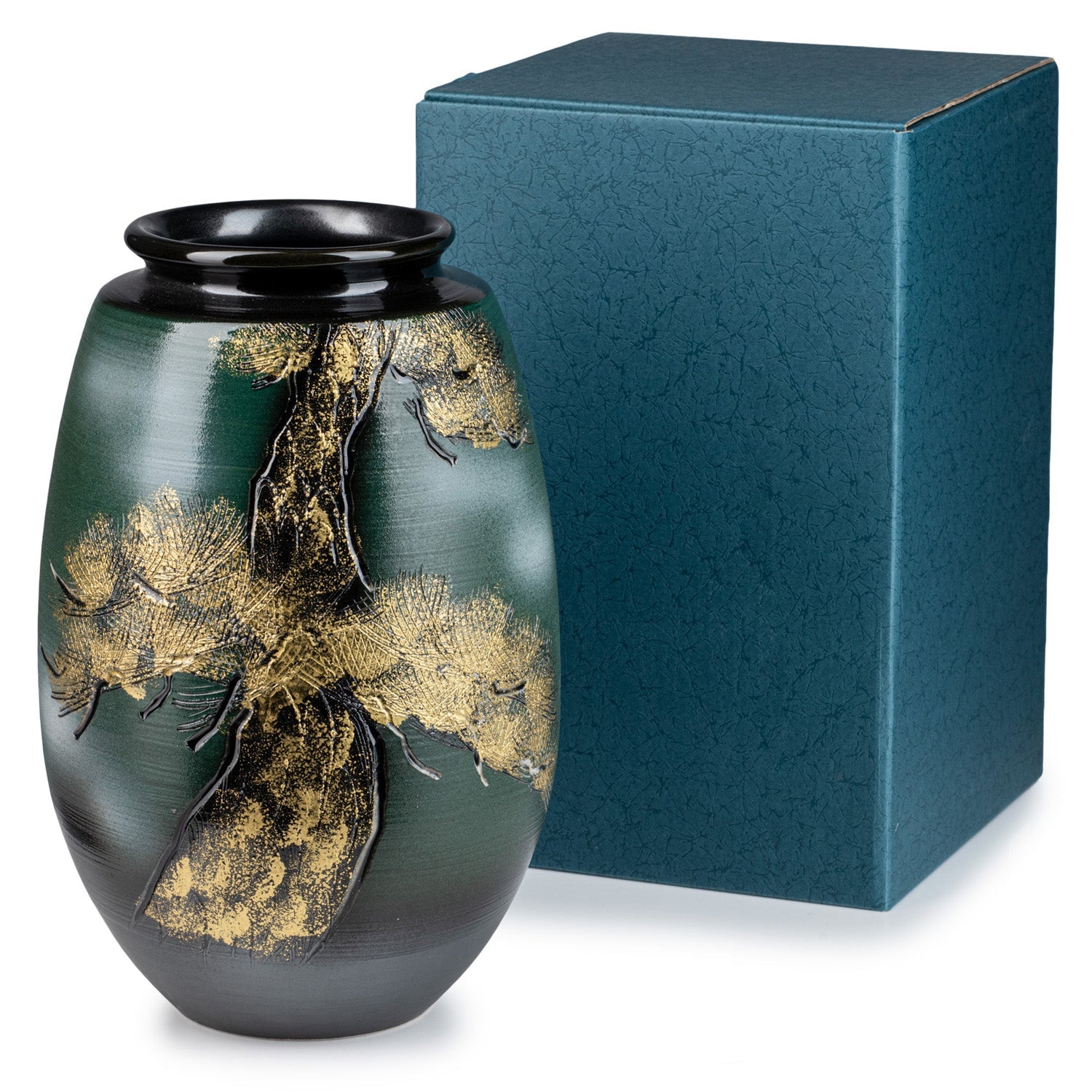 Green and Gold Kinsai Pine Japanese Vase