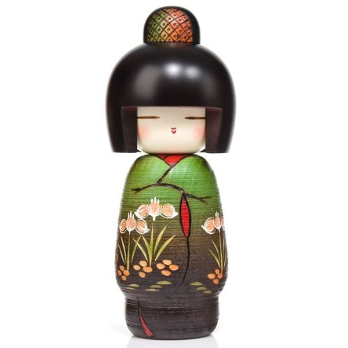 Green Iris Floral Japanese Kokeshi Doll