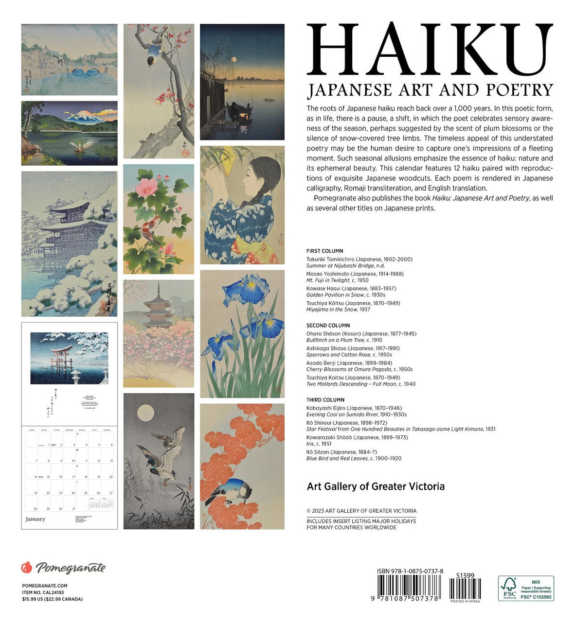Haiku Japanese Art and Poetry 2024 Calendar back