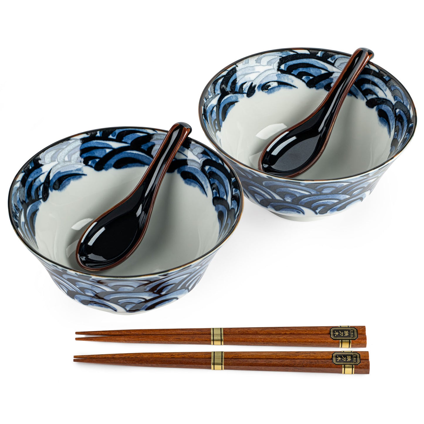Indigo Blue Wave Japanese Ramen Bowl Set