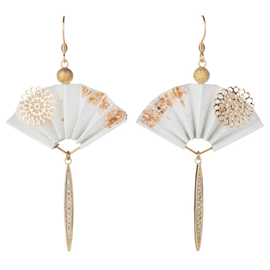 Iwai White and Gold Fan Premium Japanese Earrings