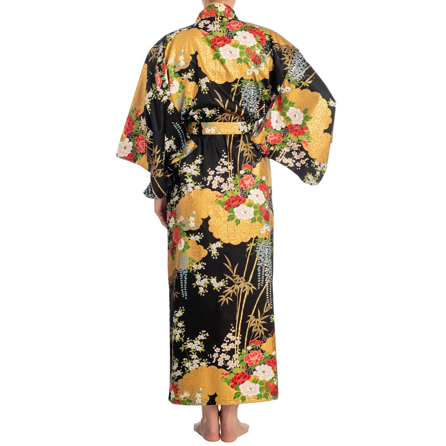 Japanese Kimono Floral Print Long Black