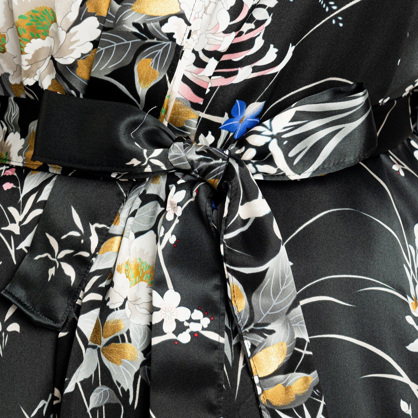 Japanese Silk Kimono Floral Print Long Black