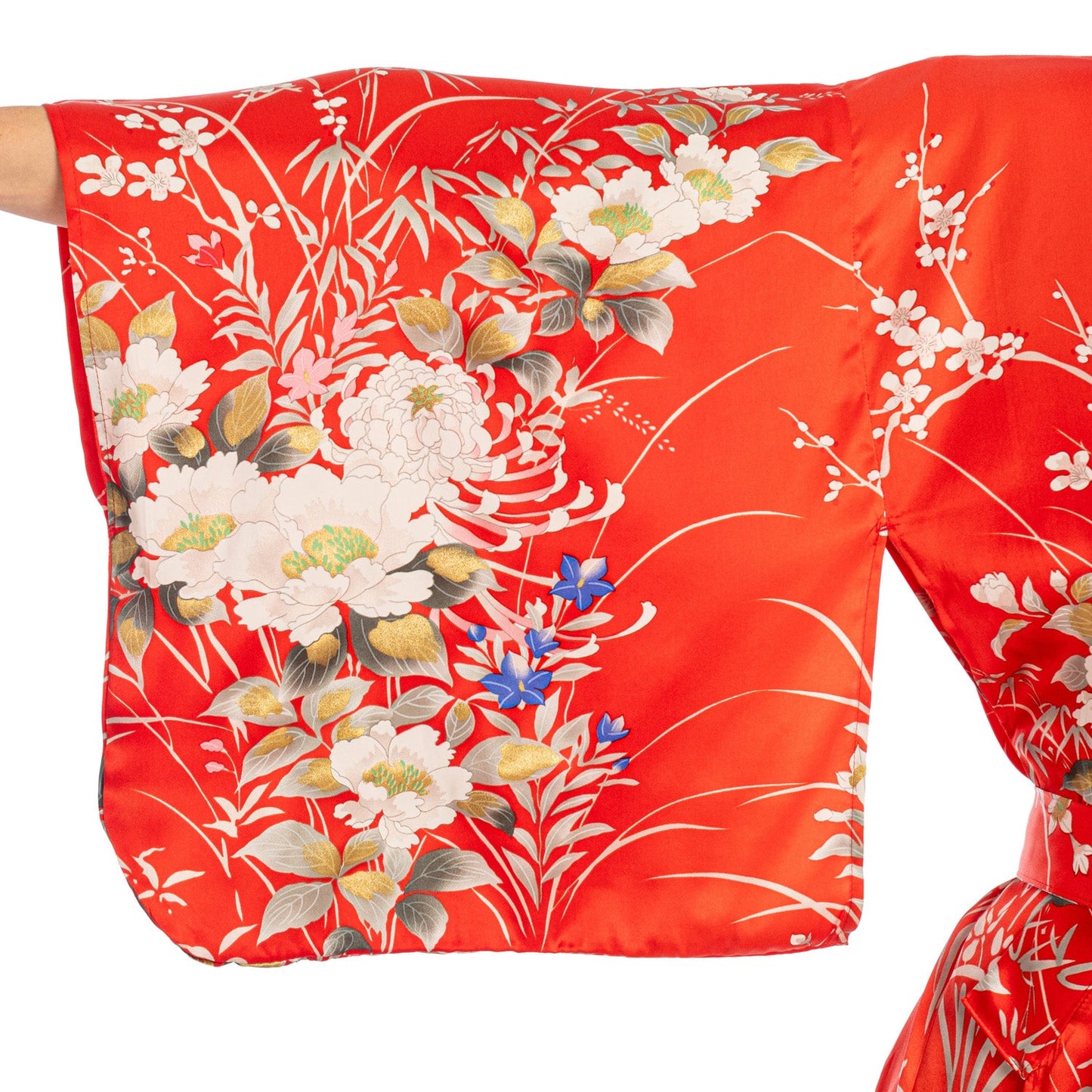 Japanese Silk Kimono Floral Print Long Red