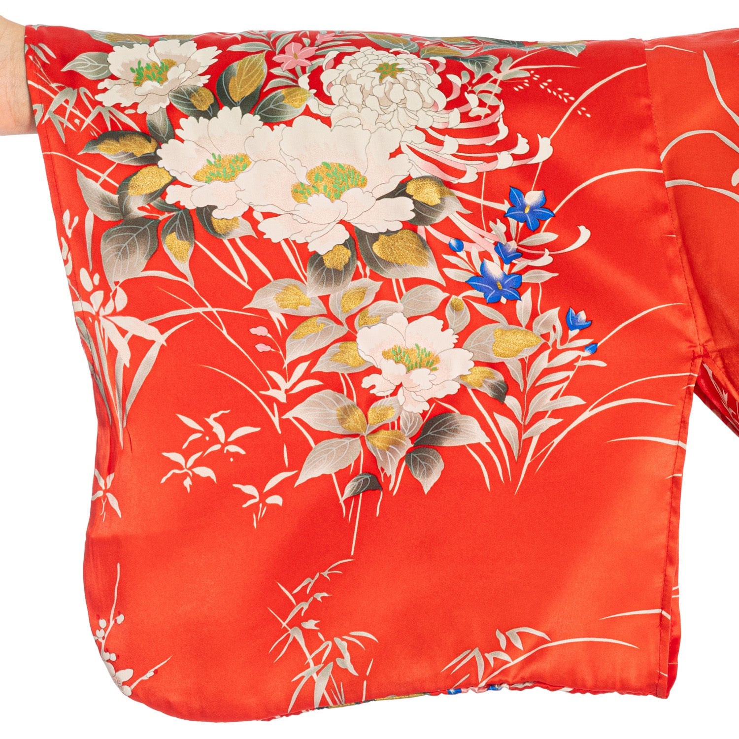 Japanese Silk Kimono Floral Print Long Red XL